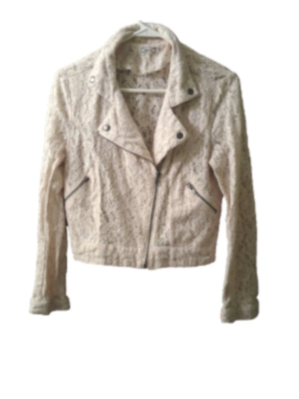 Women's Size Large White Lace Moto Full Zip Pockets Long Sleeve Jacket